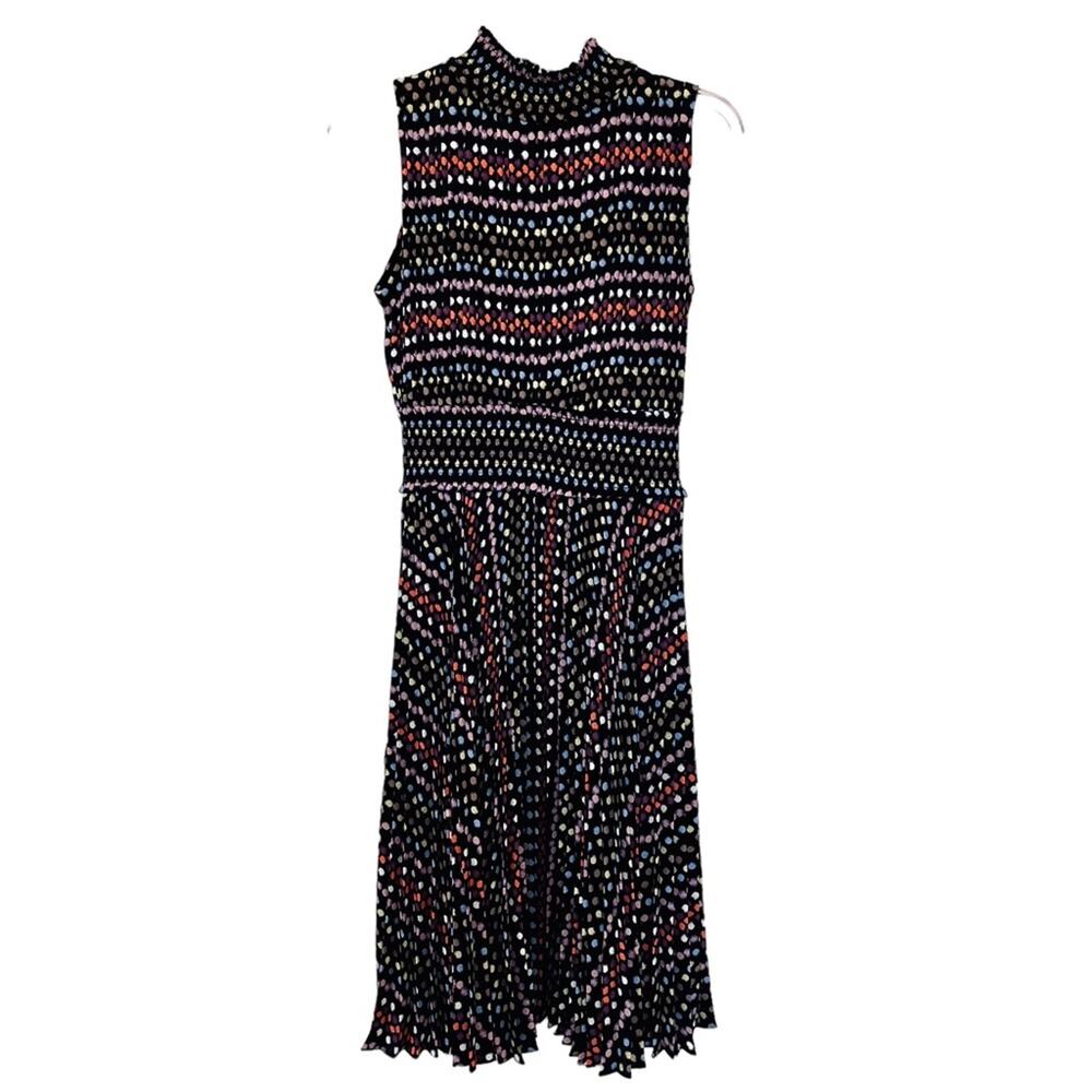 Nanette Nanette Lepore Black Polka-Dot Pleated Smocked detail Midi Dress Sz 6 - Picture 9 of 10